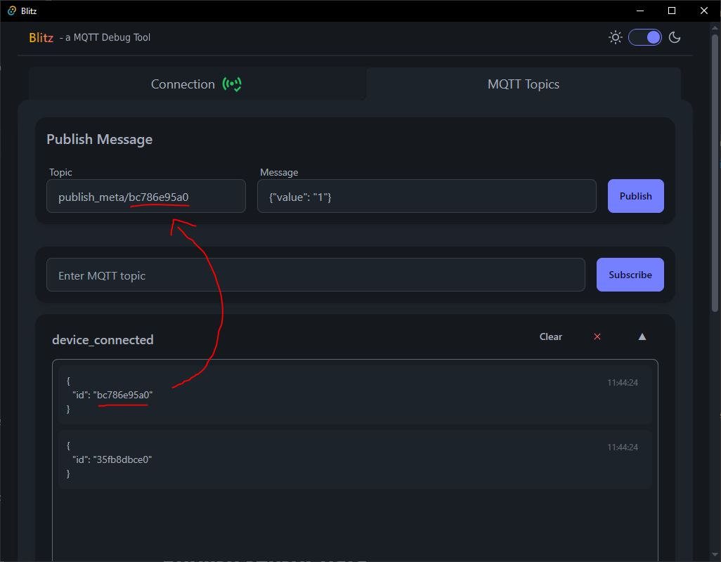Use metadata to form device specific meta topic.